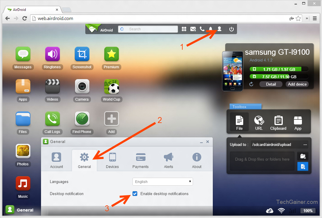 AirDroid Web setting setting for notification