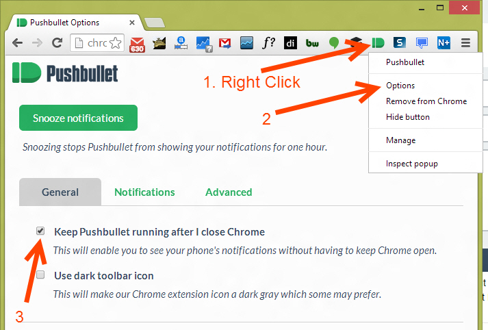 Enabling pushbullet notification in chrome