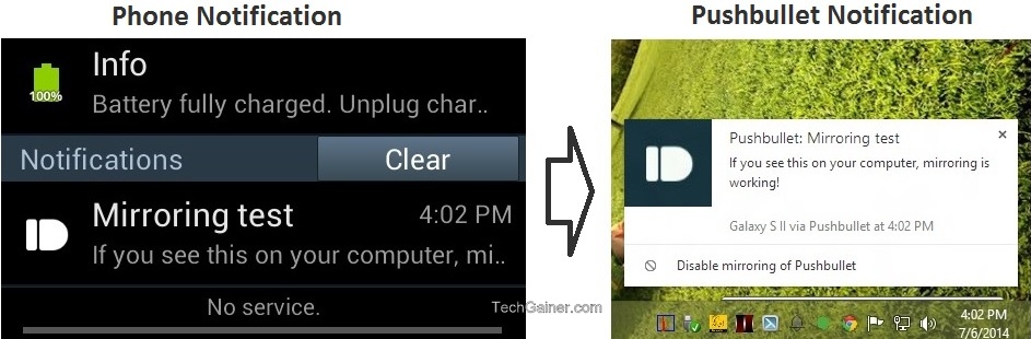 Phone notification sent to PC via Pushbullet