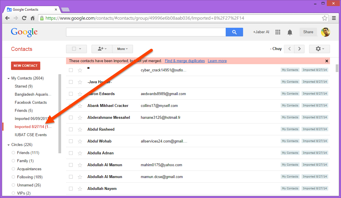 Access newly inported Facebook contacts in Google