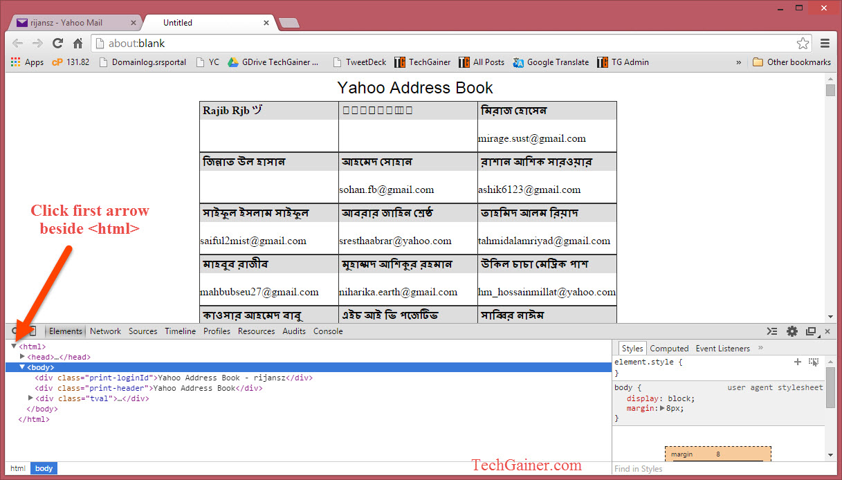 Click arrow beside <html>