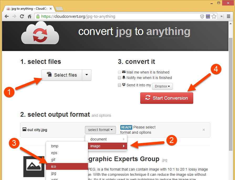 Using CloudConvert.org to convert images to icon