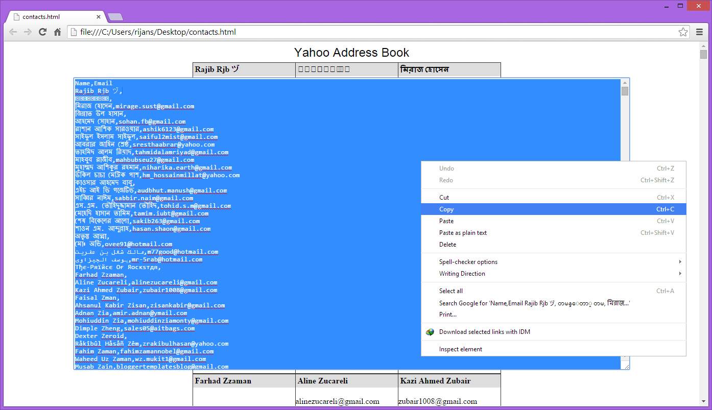 Copy contacts using Ctrl+A