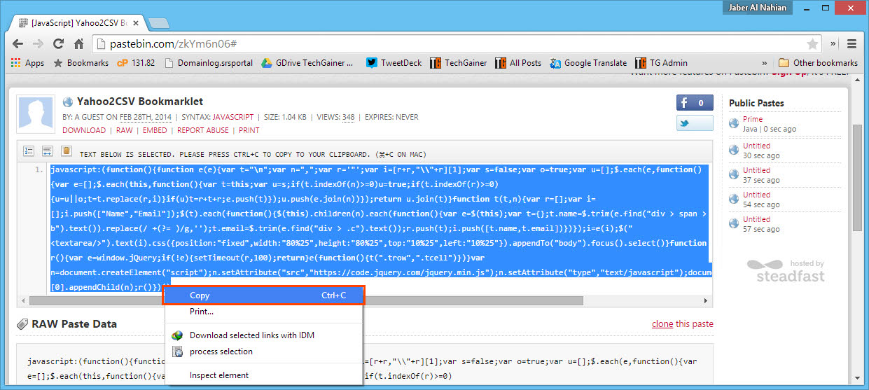 Copy the JavaScript of Yahoo to CSV