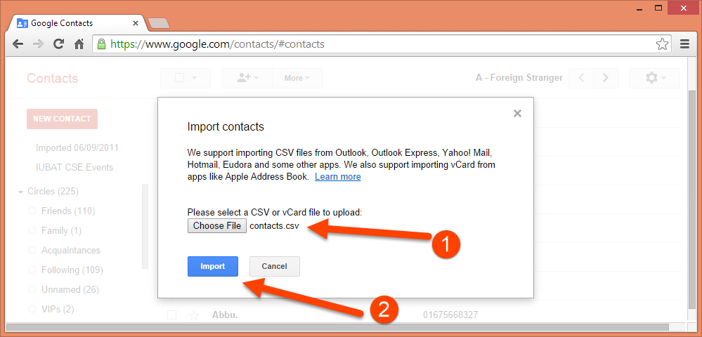 Import contacts csv file to Google