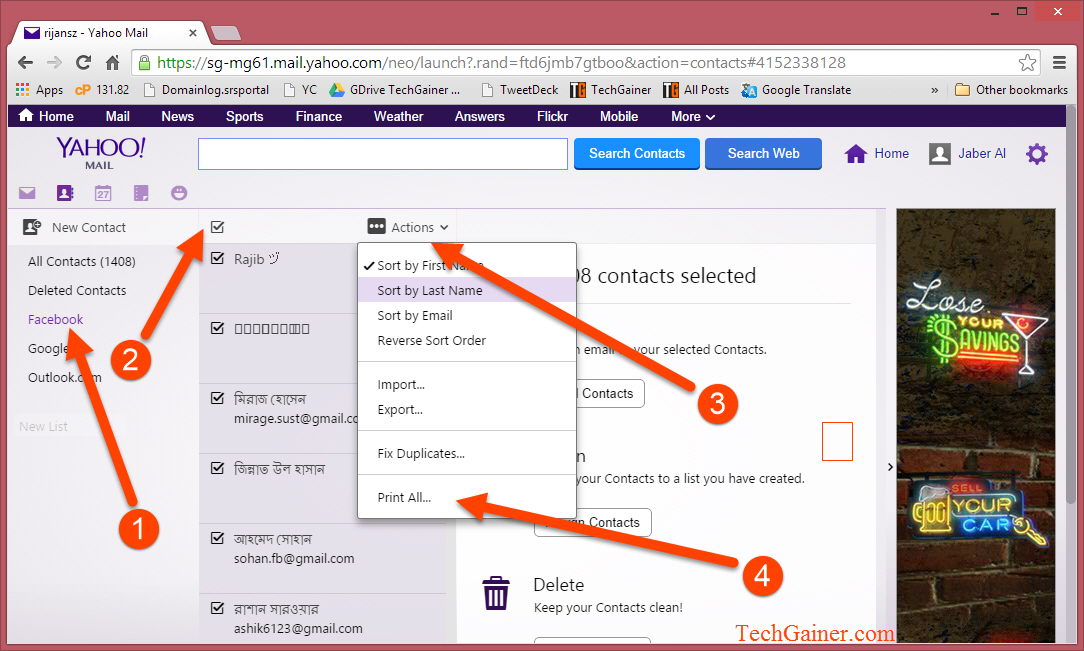 Print Yahoo contacts