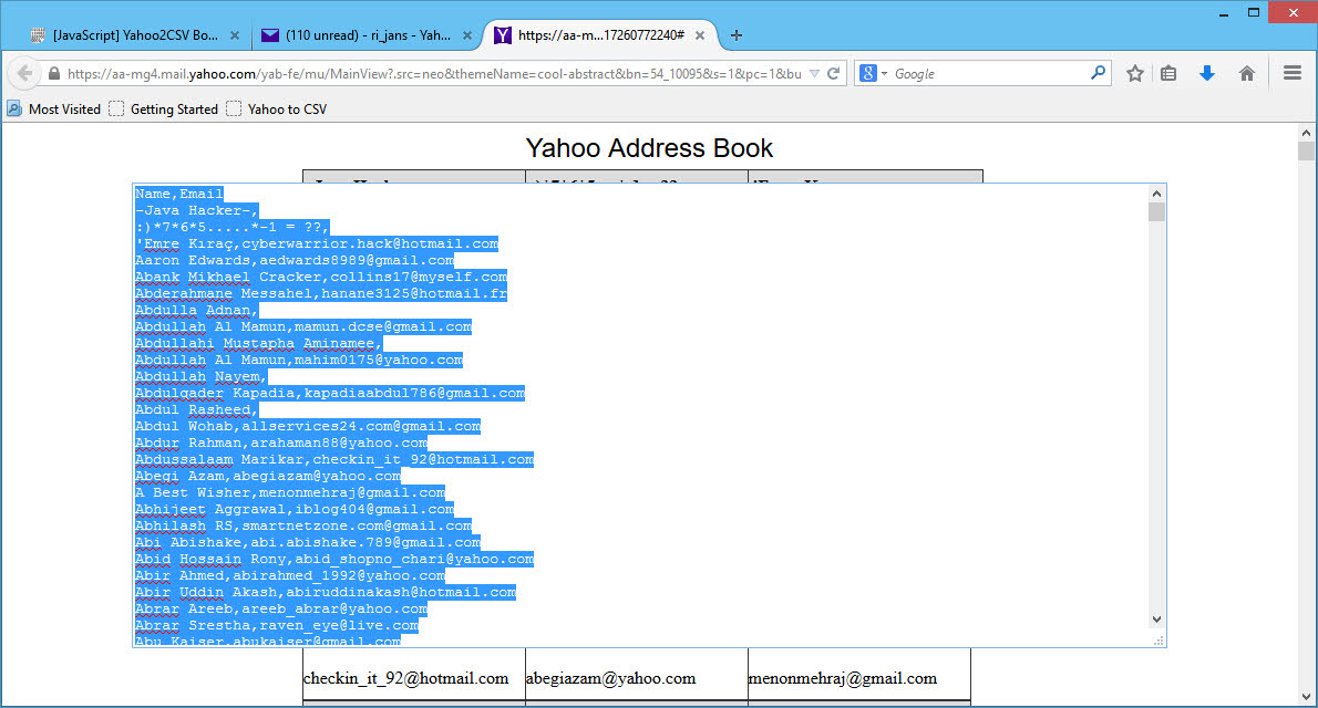 Export Yahoo contacts on Firefox