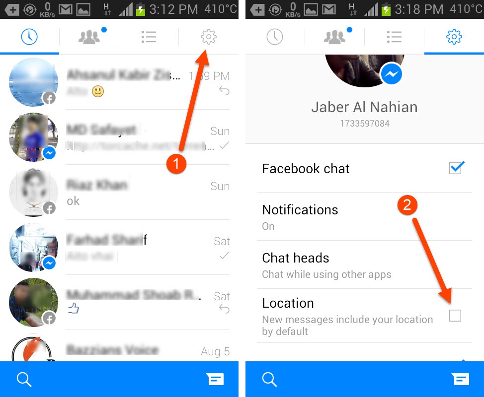Turn off location sharing in Facebook Messenger