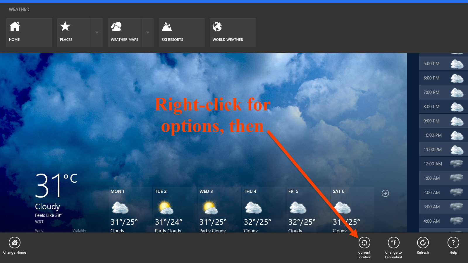 Change location in Bing Weather