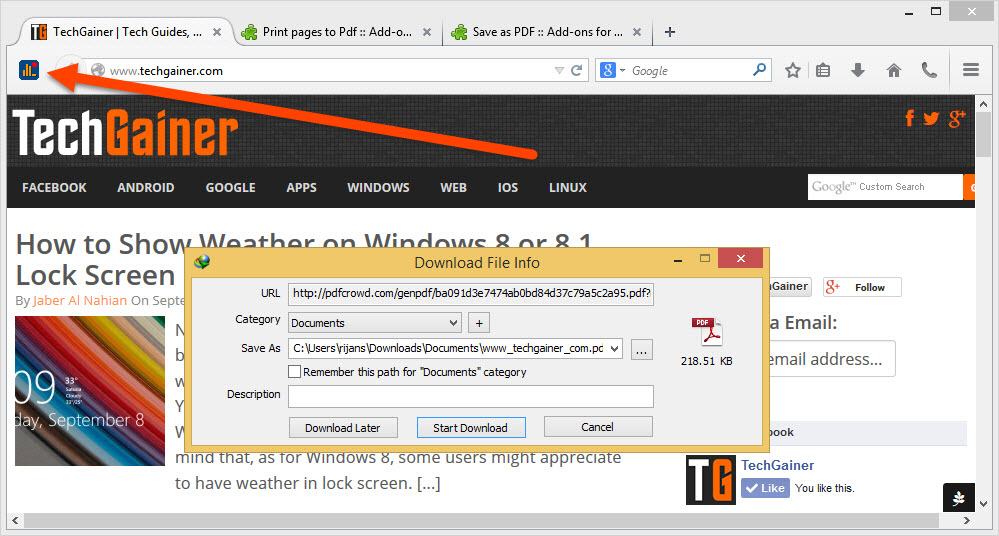 Download as PDF using Firefox add-on