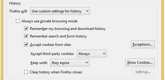 Firefox custom history settings