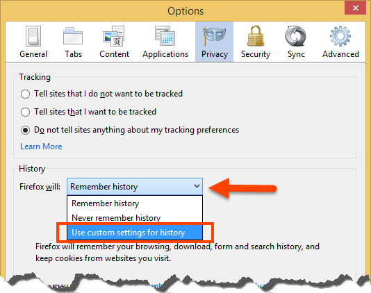 Choose 'Use custom settings for history'
