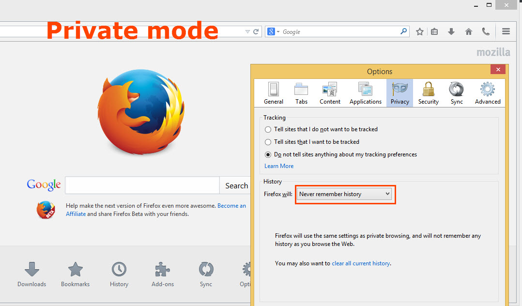 Firefox running in private mode by default