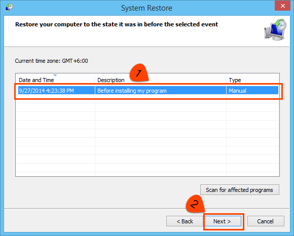 Select a restore point