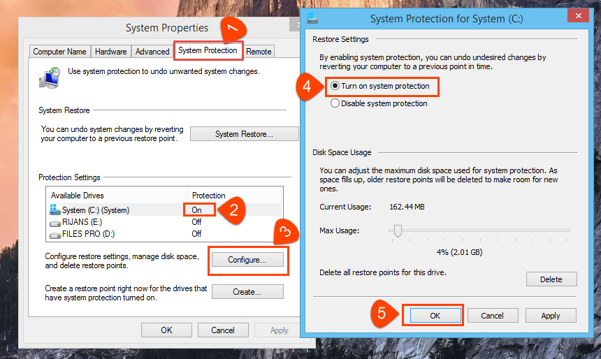 Configure system protection