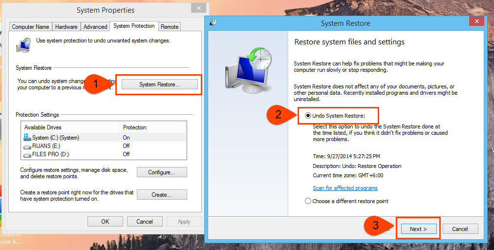 Undo system restore in windows 7, 8 and Vista