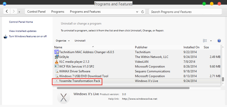 Uninstall Yosemite Transformation pack