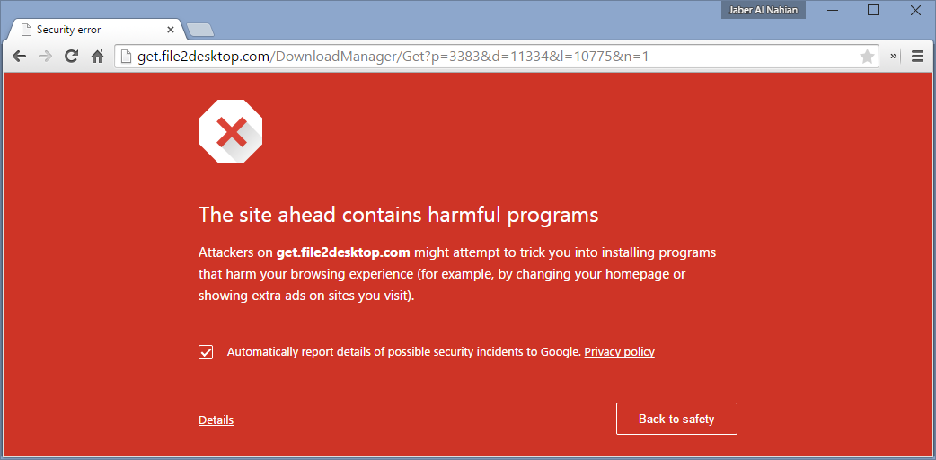 "The site ahead contains harmful programs" warning in Chrome