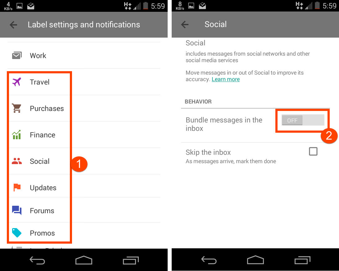 Disable bundling emails on Inbox app
