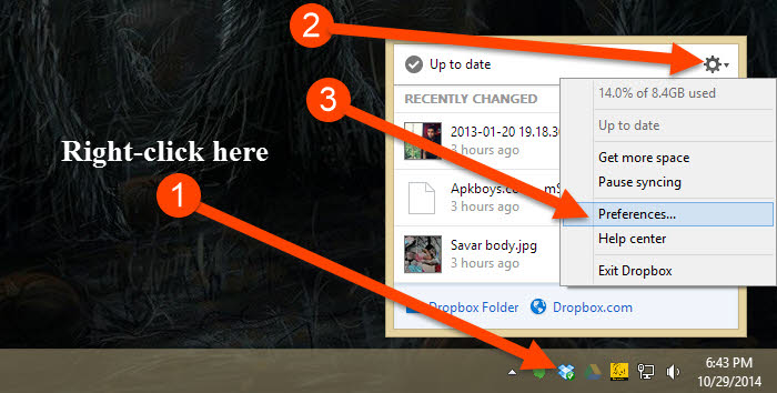 Dropbox Preference from System Tray