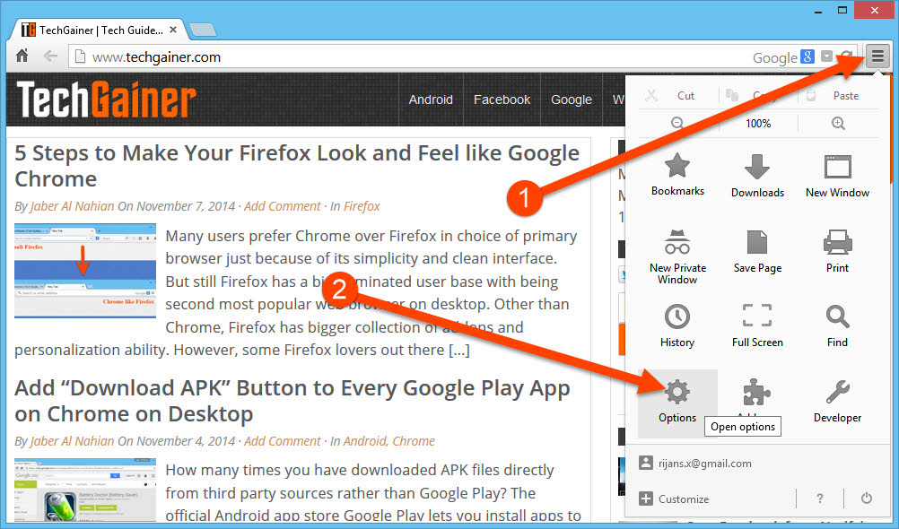 Firefox Options from Menu