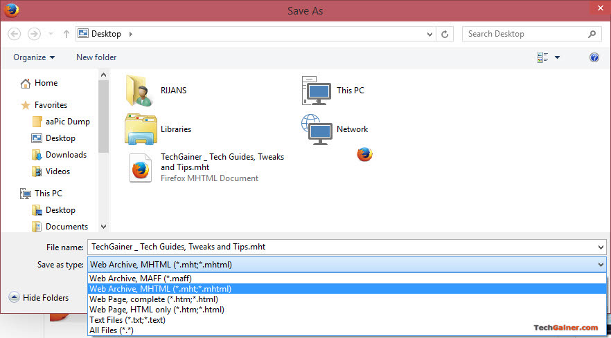 Save as MHTML or MAFF file in Firefox