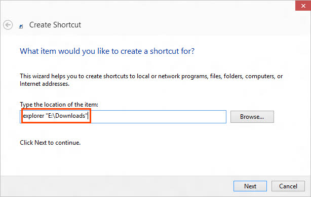 Type folder shortcut target