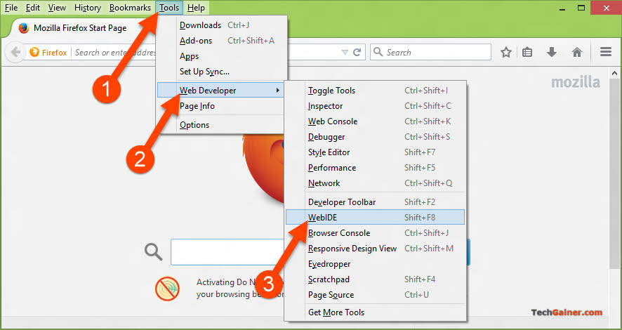 Access Firefox WebIDE from Tools