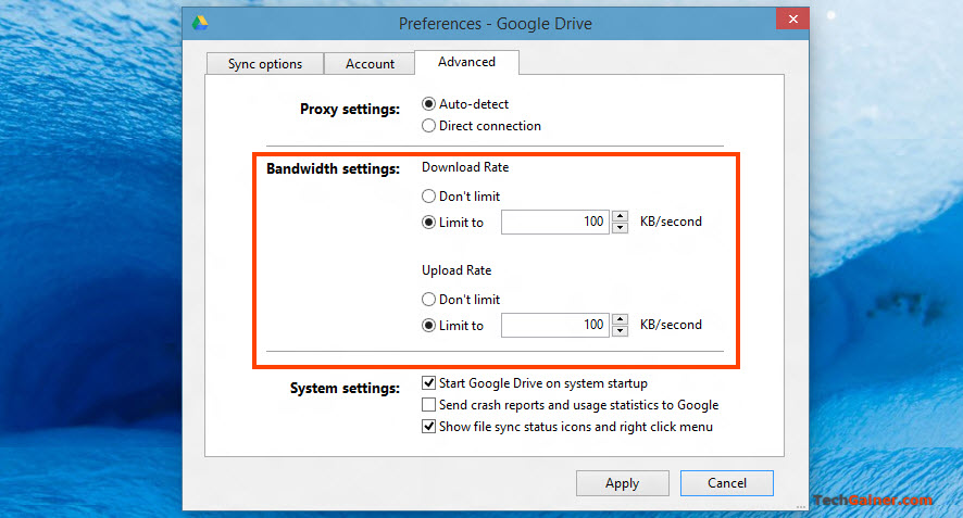 Limit Google Drive bandwidth rate