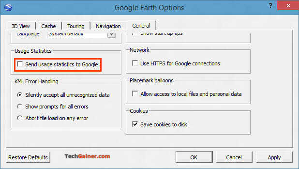 Disable Google Earth Usage Statistics