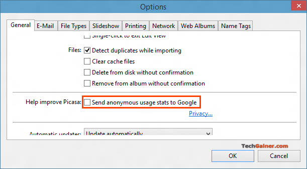 Disable Picasa Usage statistics