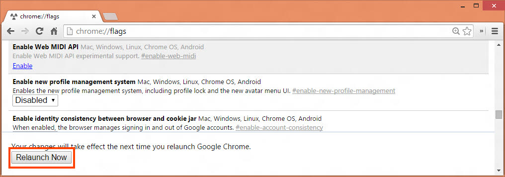 Chrome Flags Relaunch Now button