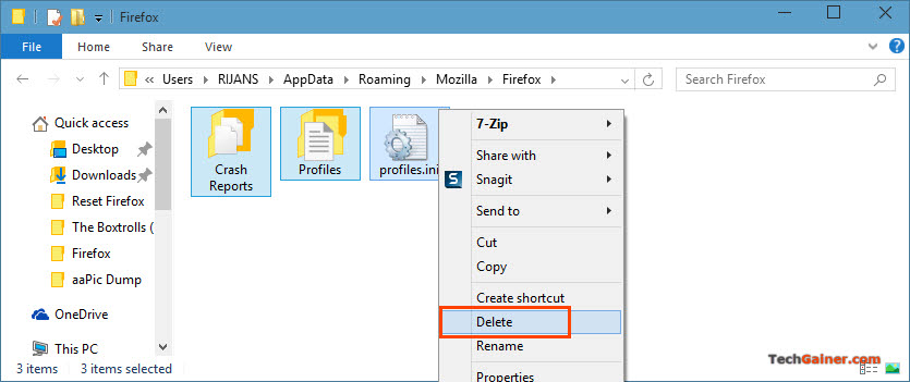 Delete all files in Firefox data folder