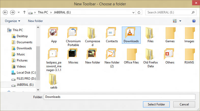 Select folder for taskbar toollbar