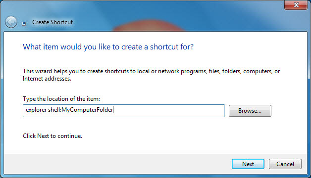 Set shortcut target location