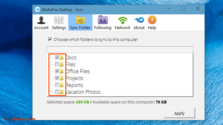 Select which folders to sync