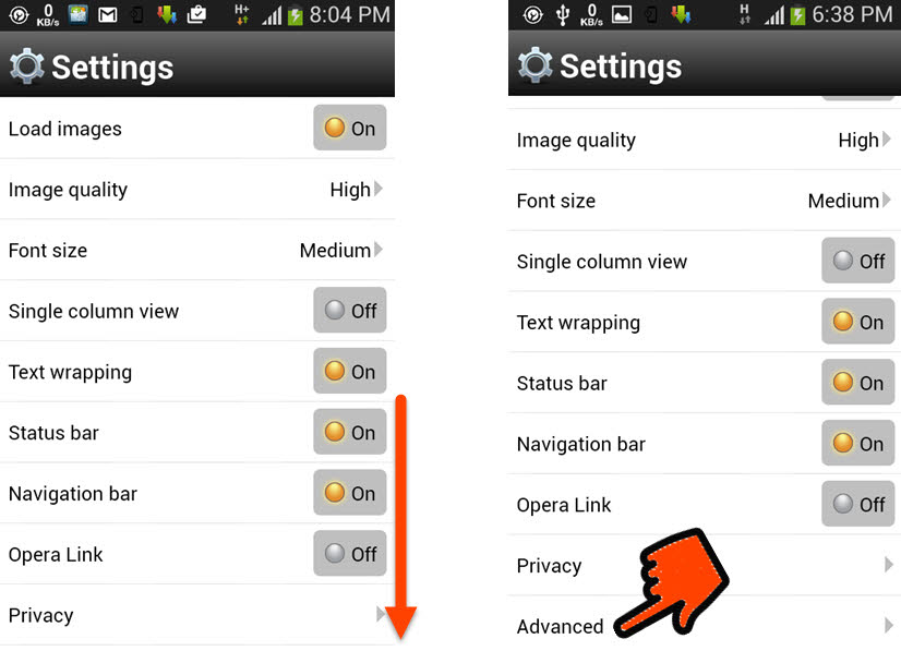 Access Opera Mini Advanced settings
