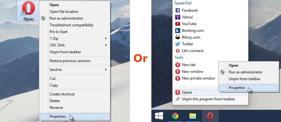 Access Opera shortcut Properties