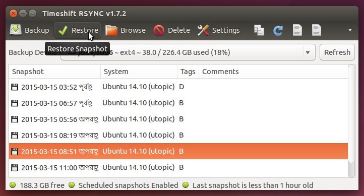 TimeShift restore button