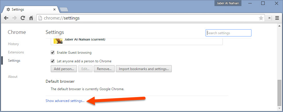 Open Chrome advanced settings