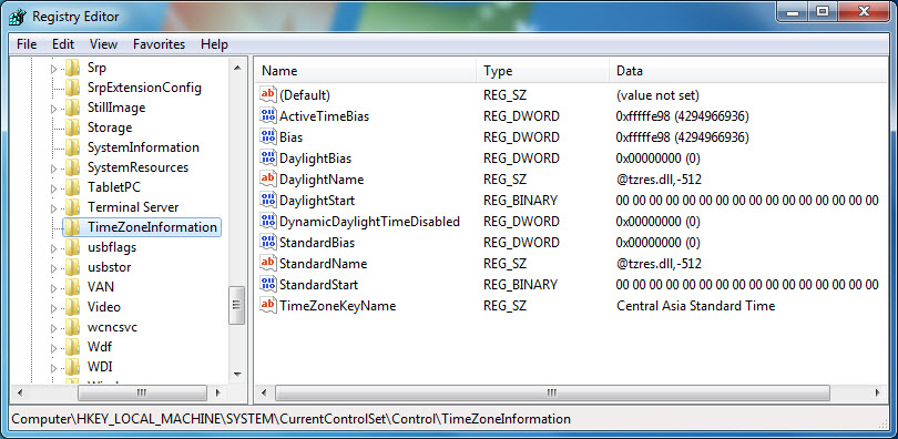 TimeZoneInformation in Registry