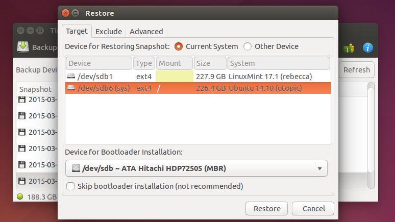 TimeShit restore screen
